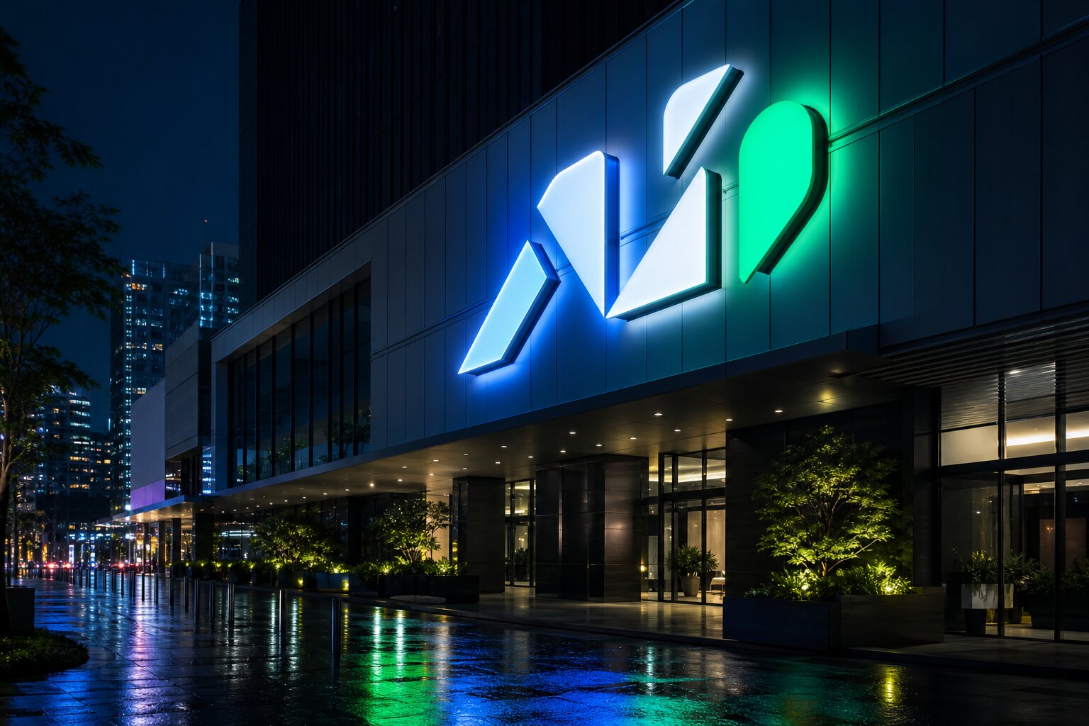 Illuminated DEVA signboard on a Singapore storefront at night